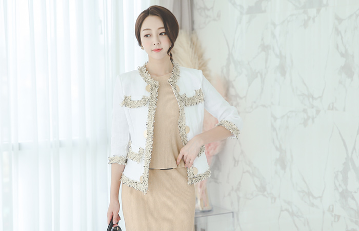 可可金钮扣流苏亚麻外套