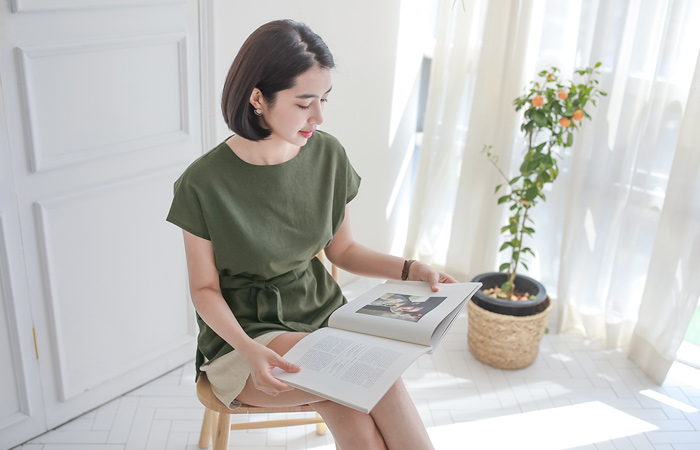 麻麻帽袖腰长上衣