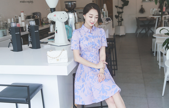 叶子条纹衬衫flare dress