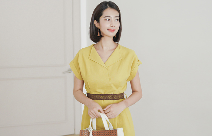 编织腰带开カラ亚麻连衣裙