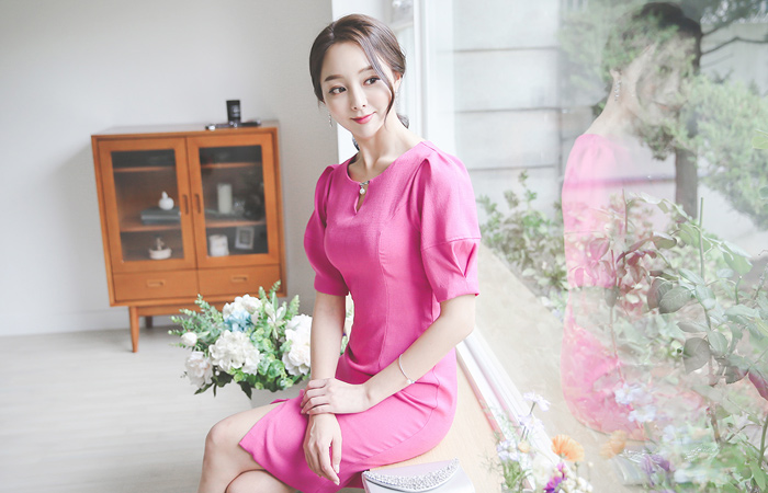 珍珠镊子脖子泡泡袖衣衣裙