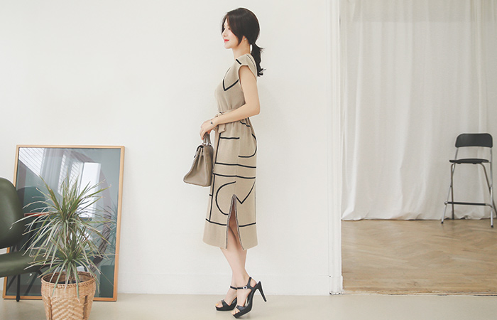 线条Heart Neck String Belt肩织连衣裙