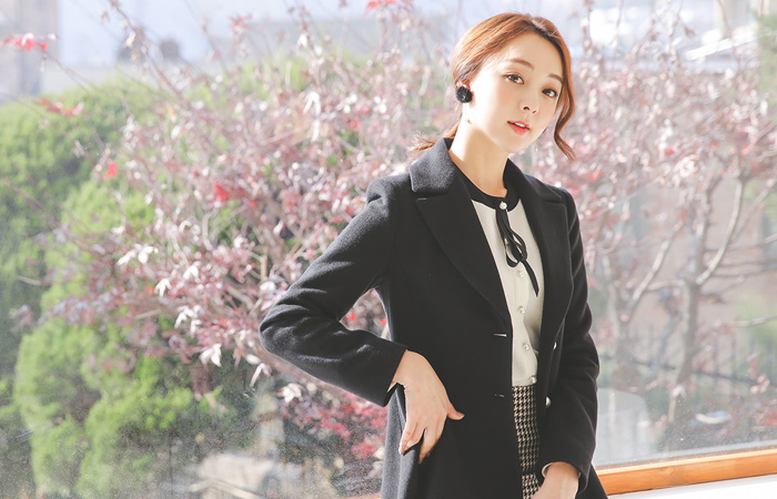 仿珍珠A神社A线条羊毛呢子大衣