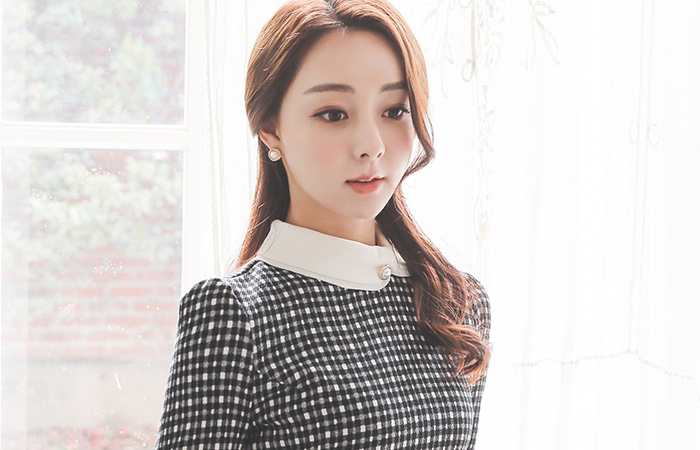 复古/古典格子格纹珍珠配色连衣裙