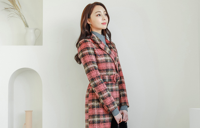 羊驼毛触摸腰带格子羊毛大衣