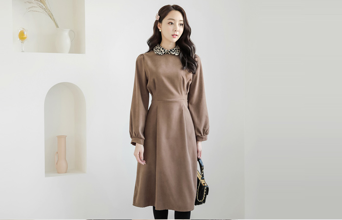 纹纹领泡泡袖波浪组/喇叭裙长款连衣裙