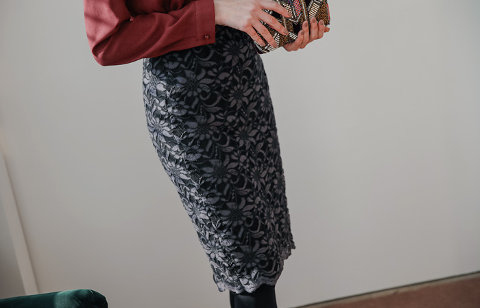 沥青蕾丝弹力松紧带裙子