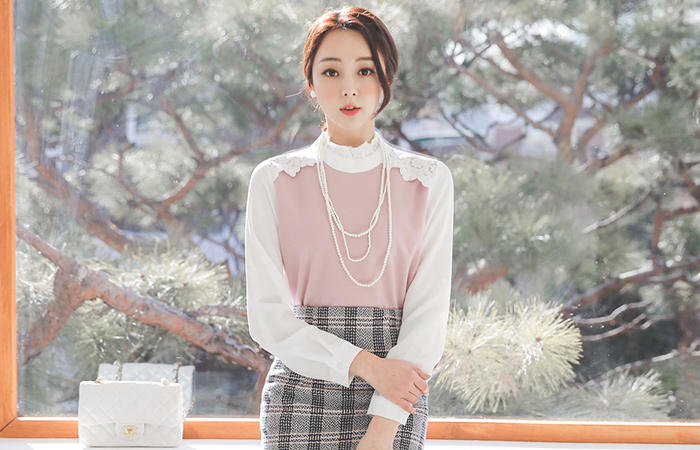 可爱荷叶边领蕾丝配色女衬衫