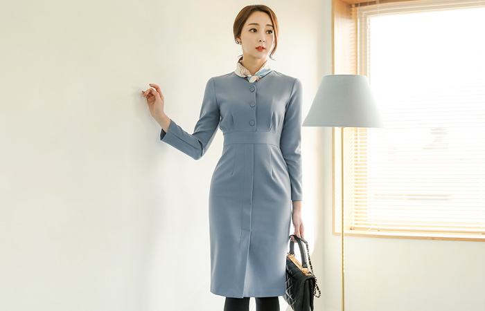 Button V字领Slit连衣裙