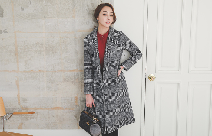 格伦格子呢双排扣绗缝长款大衣