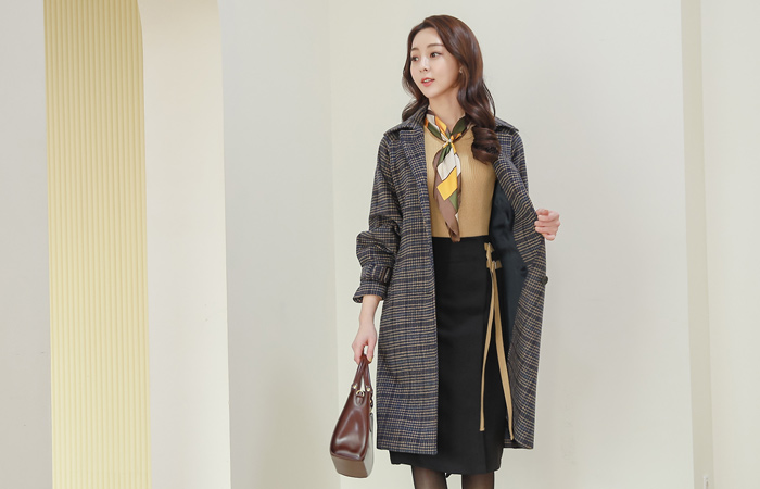 三色格子织物宽松款式羊毛风衣