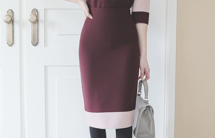 自然 双色 配色 松紧带 裙子