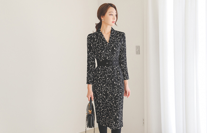 拉丝戒指领中长连衣裙