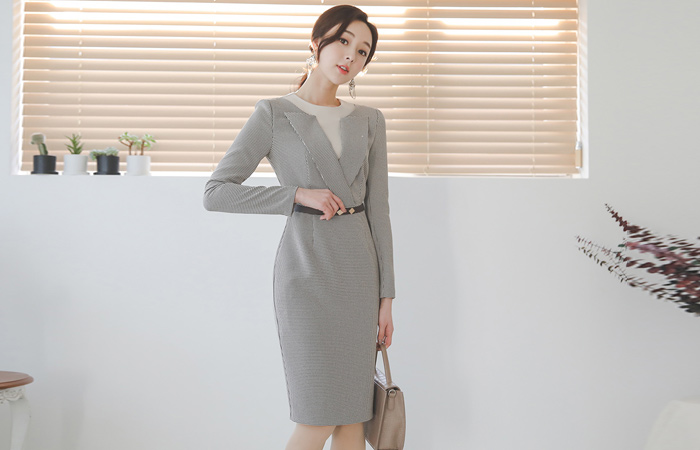 二重千鸟格子腰带连衣裙