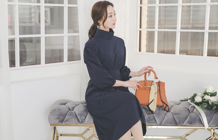 双重 领子 褶皱 泡泡袖 喇叭 连衣裙