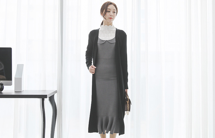 基本侧边开衩条绒长款开衫