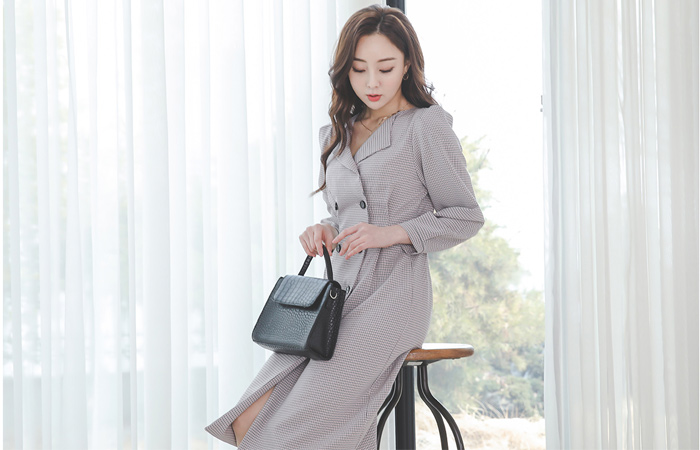 颜色犬牙格子花纹泡泡袖双连衣裙