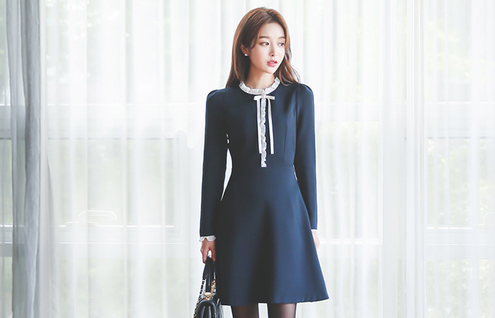 蝴蝶结胸针折叠波浪组/喇叭裙连衣裙