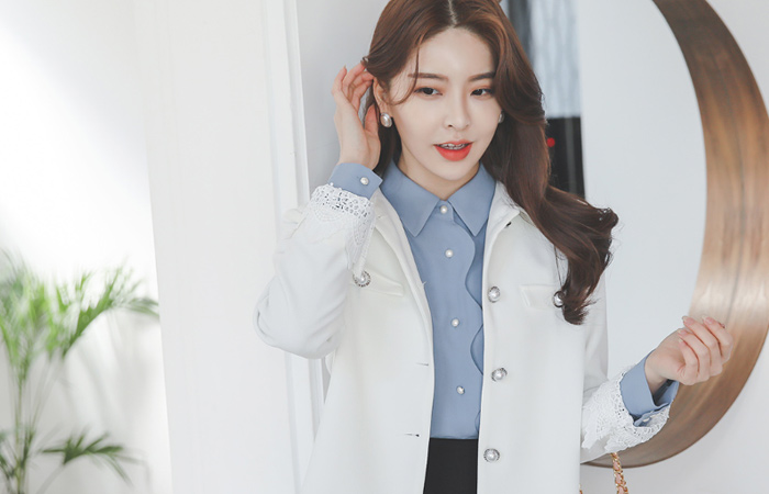 浪漫 蕾丝 袖口 珍珠扣 夹克