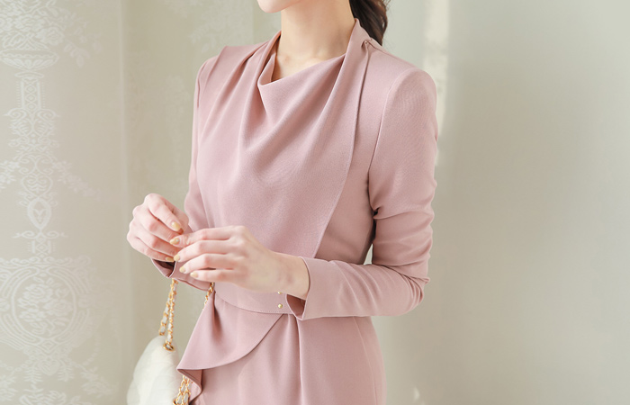 优雅 高领 荷叶边 腰带 连衣裙