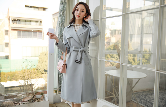 基本 简单 束带 双排扣雨衣