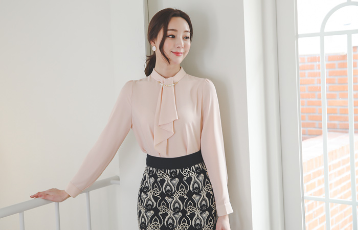 珍珠宝石 高翻领 围巾 罩衫