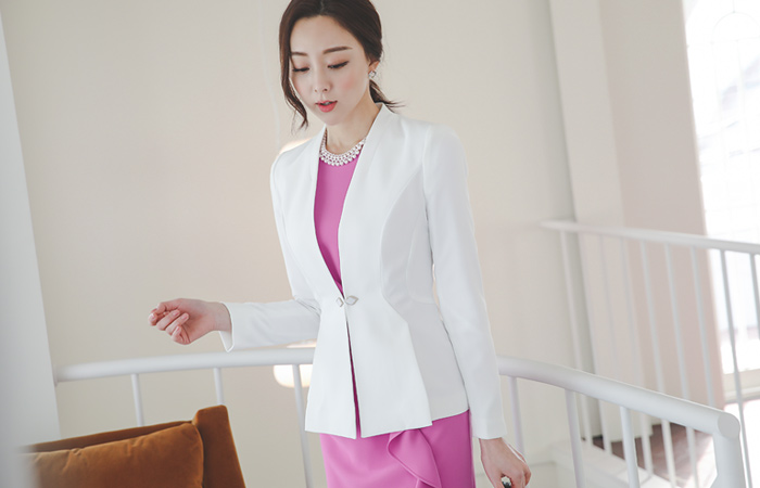 方形 扣子 无领 修身 细褶 夹克