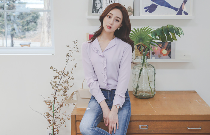 可爱 褶边扣 半开 罩衫