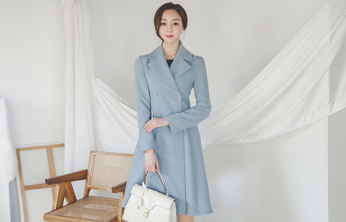 大衣领 人造 开叉口袋 双 弹力 长款夹克