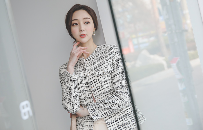 黄金环 珍珠 棋盘格子 粗呢 夹克