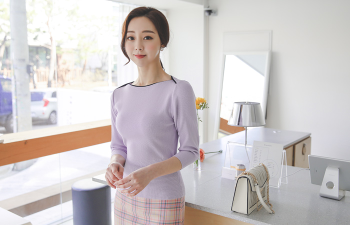 春季 船形领 配色 开叉 针织衫 T恤