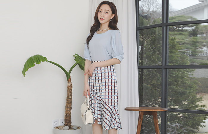 独特 长方格 褶裥 喇叭 裙子