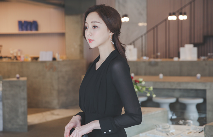 雪纺 披巾领 V字领 弹力 连衣裙