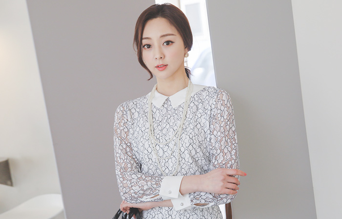 淑女 平领 配色 蕾丝 罩衫