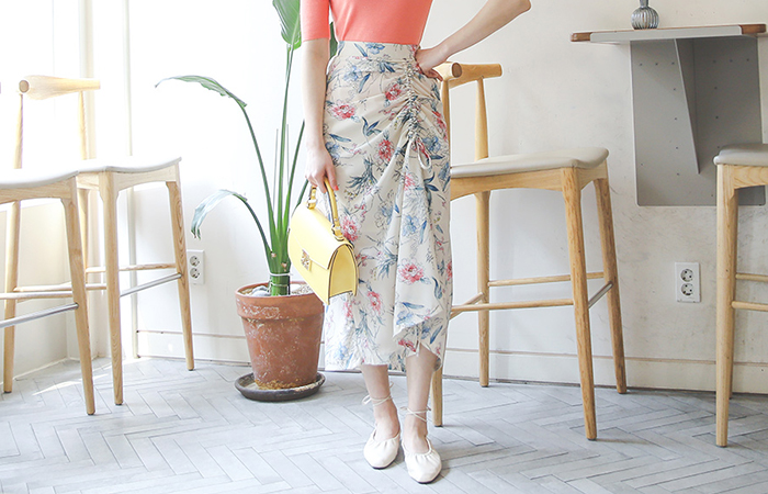 鲜花纹 抽绳 褶皱 蝴蝶结 长款 裙子