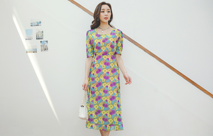 Rossie 雏菊 方领 雪纺 长款 连衣裙