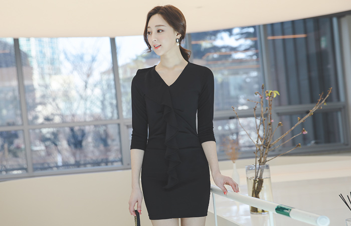 荷叶边 荷叶 V字领 弹力 迷你 连衣裙