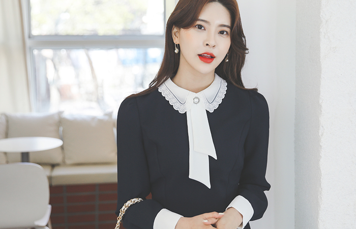 珍珠领带 蕾丝领 褶裥 连衣裙