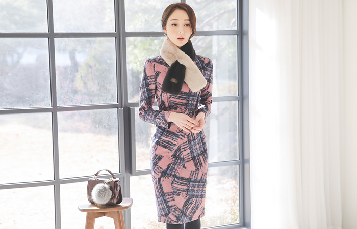 羊毛弹力涂料格子细褶 连衣裙