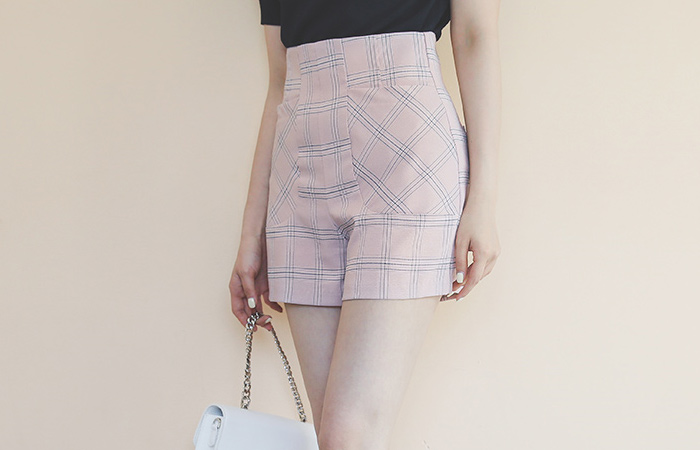 窗式格子高腰5分宽松长裤