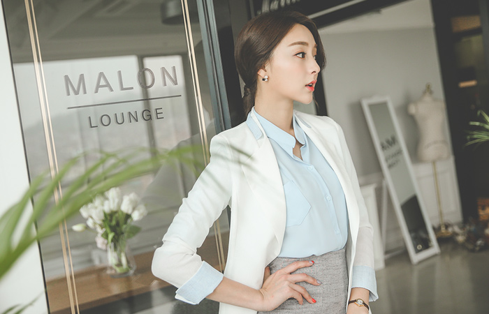 混合领配色短上衣外套（夏天）