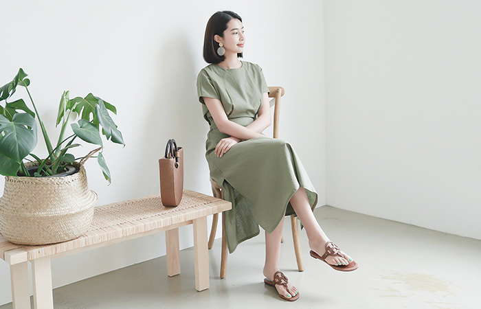 后腰带缝亚麻长款连衣裙