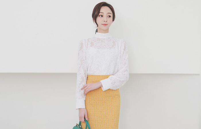 流苏蕾丝透明半颈女衬衫