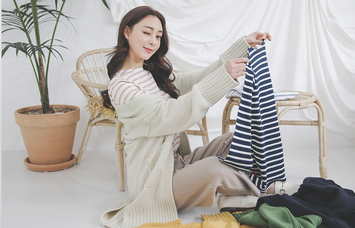 粗罗纹布后开叉八字纹长款开衫