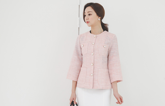 闪亮 大口袋 圆领 粗呢 夹克