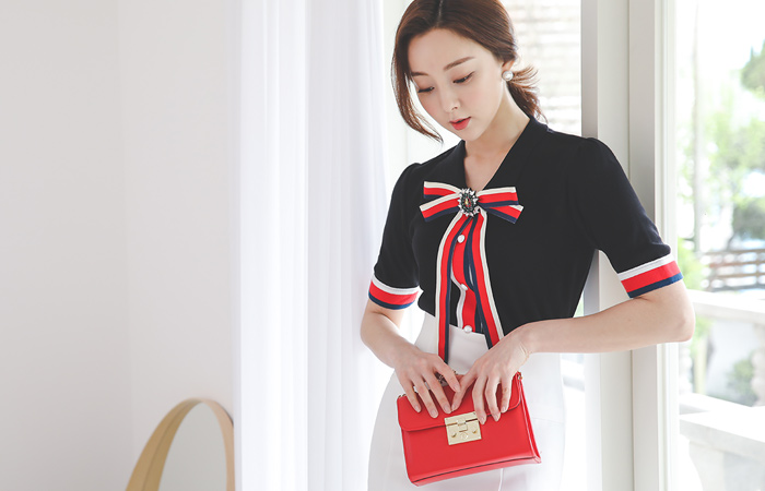 海军 配色 衬里 珍珠扣 领子 针织衫