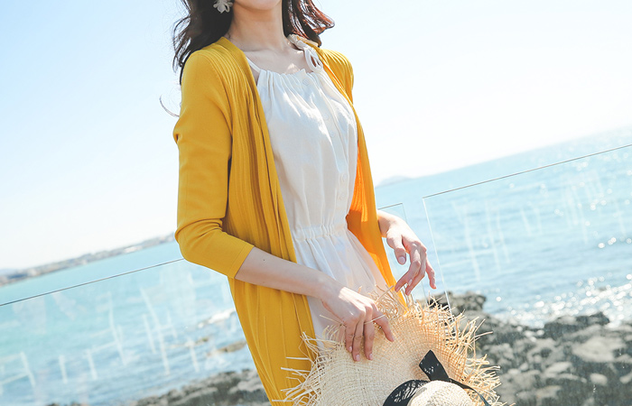 凉爽 后侧纽扣 束带 条绒 开衫