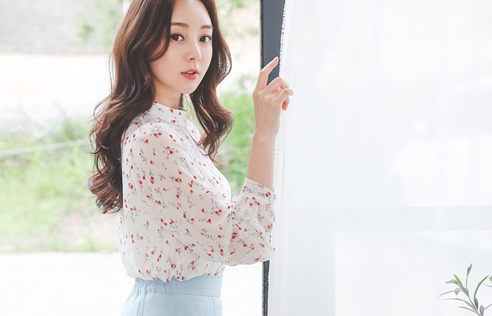 可爱 花纹 雪纺 半高领 罩衫