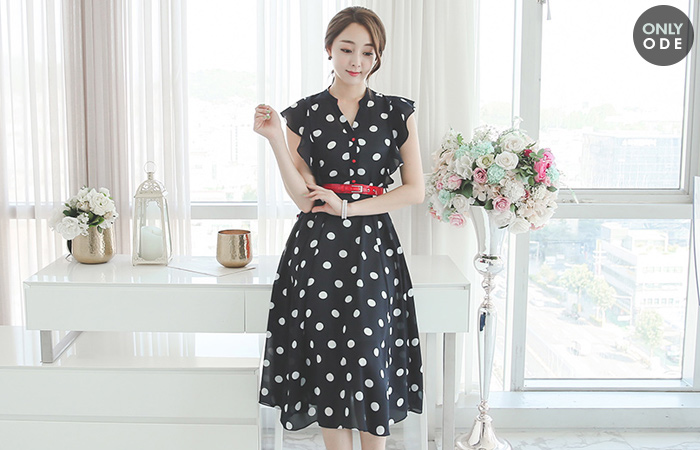 奥都丽丽圆点真丝长款连衣裙