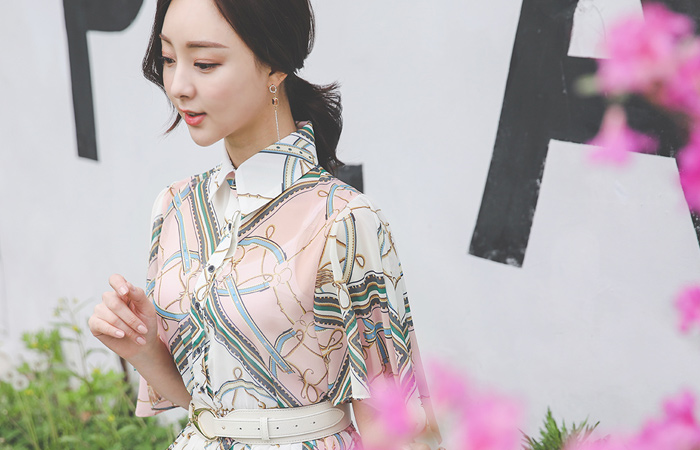 时髦的 飞袖 雪纺 褶边 连衣裙